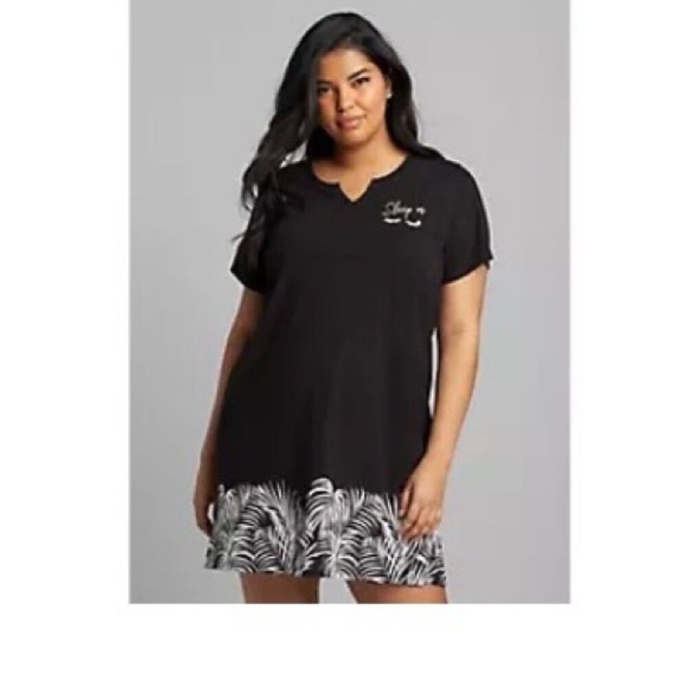 Lane Bryant Black Short-Sleeve Chemise with Printed Hem